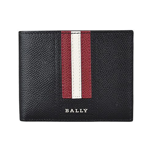 週年慶下殺⬊【BALLY】 TVEYE 金屬銀字LOGO條紋設計牛皮6卡對折短夾(黑x紅白紅條紋)