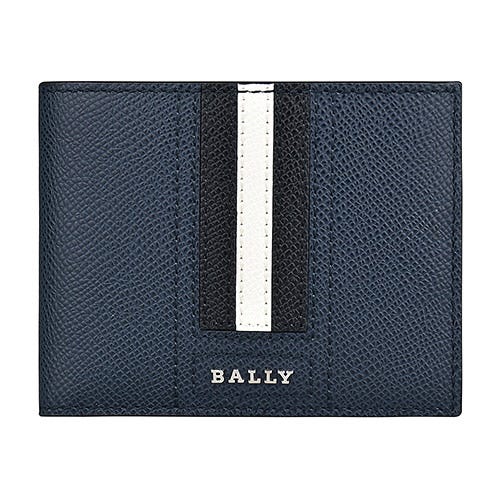 父親節下殺⬊【BALLY】 TVEYE銀字字母LOGO防刮牛皮6卡對折短夾(深藍x黑白黑條紋)