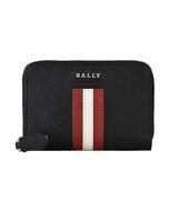【BALLY】 TIVY銀字LOGO紅白紅條紋牛皮2卡拉鍊零錢包(黑)