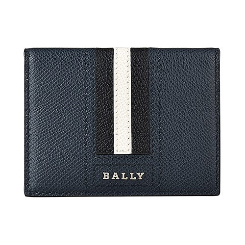 【BALLY】  TALDER銀字LOGO黑白黑條紋牛皮6卡對折卡片名片夾(深藍)
