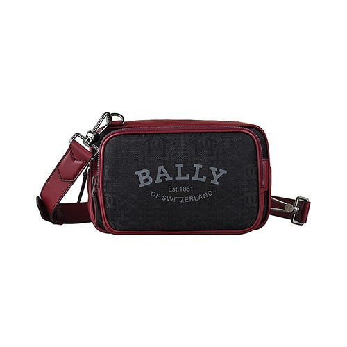 【BALLY】  CHADD 燙印LOGO印花尼龍牛皮飾邊可拆式拉鍊斜背胸掛包(黑x紅)