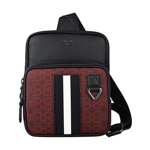 【BALLY】  MOLKO復古金屬LOGO條紋印花防刮牛皮拉鍊斜背胸掛包(深紅x黑x黑白黑條紋)