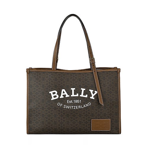 【BALLY】  CAILE燙印LOGO B字印花PVC牛皮飾邊釦飾肩背托特包(棕)