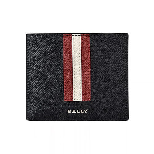 父親節下殺⬊【BALLY】 TONETT銀字LOGO牛皮紅白條紋5卡短夾(黑)