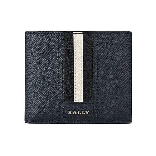 【BALLY】 TONETT銀字LOGO牛皮黑白條紋5卡短夾(深藍)