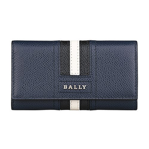 【BALLY】 TALTOS銀字LOGO條紋設計防刮牛皮4鉤釦式三折鑰匙包(深藍x黑白條紋)