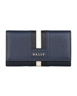 【BALLY】 TALTOS銀字LOGO條紋設計防刮牛皮4鉤釦式三折鑰匙包(深藍x黑白條紋)