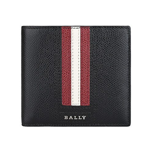 【BALLY】 Teisel立體銀字LOGO條紋設計防刮牛皮4卡對折短夾(黑x紅白條紋)