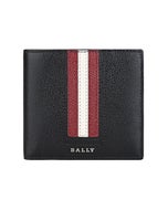 【BALLY】 Teisel立體銀字LOGO條紋設計防刮牛皮4卡對折短夾(黑x紅白條紋)