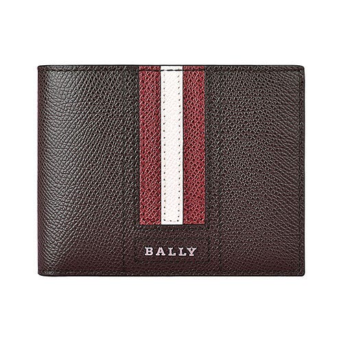 【BALLY】 TEVYE銀字立體LOGO防刮牛皮飾條紋6卡男士短夾(咖啡x紅白)