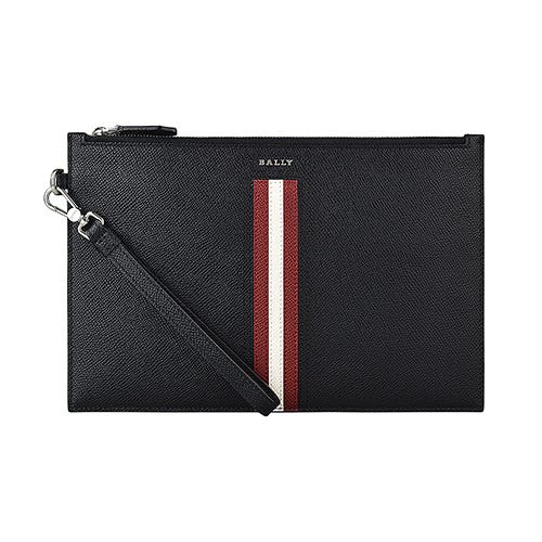 【BALLY】 TENERY銀字LOGO防刮牛皮拉鍊手拿包(黑x紅白條紋)