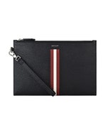 【BALLY】 TENERY銀字LOGO防刮牛皮拉鍊手拿包(黑x紅白條紋)
