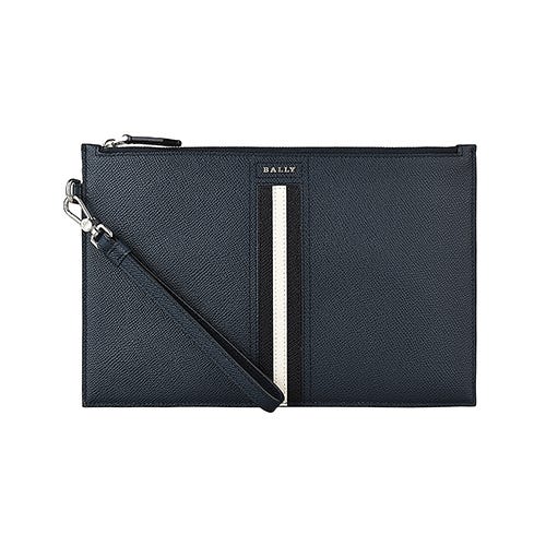 【BALLY】 TENERY銀字LOGO防刮牛皮拉鍊手拿包(深藍x黑白條紋)