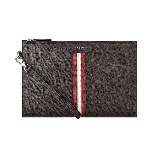 【BALLY】 TENERY銀字LOGO防刮牛皮拉鍊手拿包(咖啡x紅白條紋)