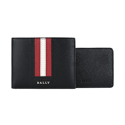 【BALLY】 TYDAN銀字立體LOGO防刮牛皮6卡對折短夾(黑x紅白條紋)