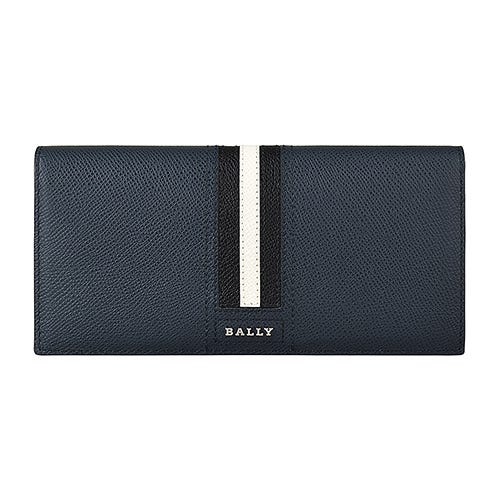【BALLY】 TONGY銀字LOGO防刮牛皮10卡對折長夾(深藍x黑白條紋)