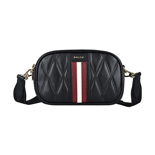 【BALLY】 Denni金字LOGO紅白紅搭菱行縫線羊皮拉鍊斜背相機包(黑x紅白條紋)