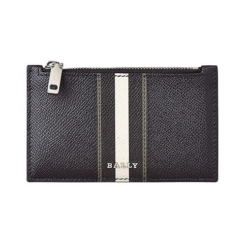 【BALLY】 BABE LEATHER銀字立體LOGO條紋設計防刮牛皮5卡零錢包(黑)