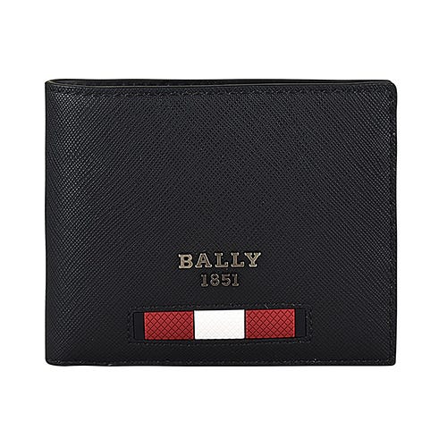 父親節下殺⬊【BALLY】 BEYVE鐵灰字LOGO紅白紅橡膠條紋防刮牛皮6卡對折短夾(黑)