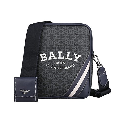 【BALLY】 Bhenn B-Monogram燙印白字LOGO藍白藍條紋設計PVC拼牛皮拉鍊斜背包(灰x霧藍)