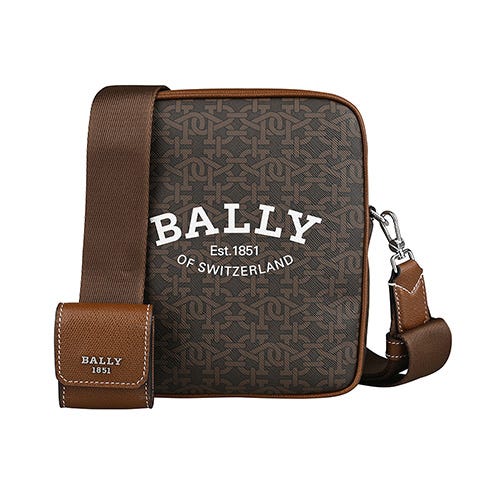 【BALLY】 Bhenn燙印白字LOGO復古印花PVC拼接牛皮拉鍊斜背包(摩卡棕x焦糖棕)