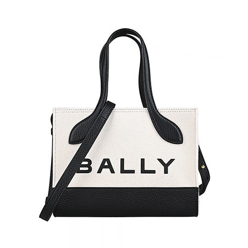 【BALLY】 BAR Keep On XS印花LOGO帆布拼牛皮設計釦式手提斜背包(白x黑)