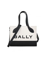 【BALLY】 BAR Keep On XS印花LOGO帆布拼牛皮設計釦式手提斜背包(白x黑)