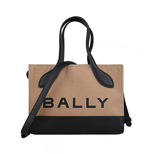 【BALLY】 BAR Keep On XS印花LOGO帆布拼牛皮設計釦式手提斜背包(沙黃x黑)