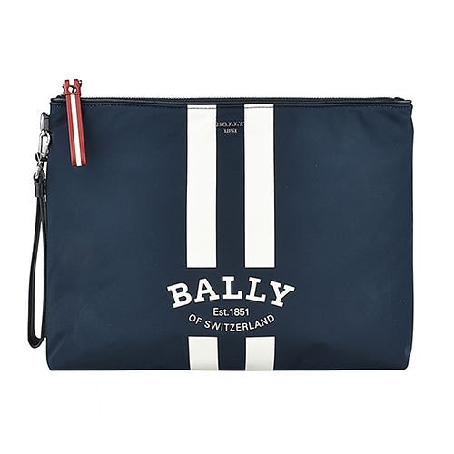 【BALLY】 FHOLLER白字LOGO白條紋設計尼龍拉鍊男士手拿包(深藍)