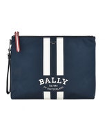 【BALLY】 FHOLLER白字LOGO白條紋設計尼龍拉鍊男士手拿包(深藍)