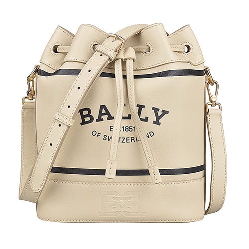 【BALLY】 CLEOH字母印花LOGO小牛皮抽繩束口斜背水桶包(淺米)