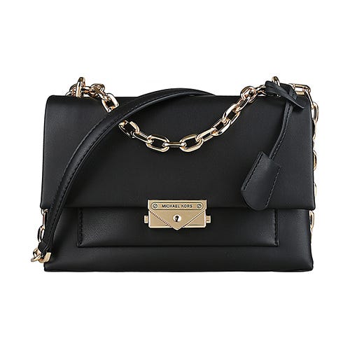 【MICHAEL KORS】 Cece 金屬LOGO植物皮革拼鍊帶釦式斜背包(中/黑)