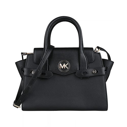 【MICHAEL KORS】 CARMEN 立體LOGO防刮牛皮內襯帆布釦式斜背包(中/黑)