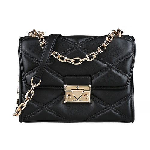 【MICHAEL KORS】 SERENA 金釦LOGO菱格紋絎縫牛皮金鍊帶釦式斜背包(小/黑)