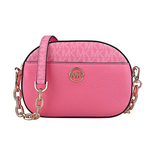 【MICHAEL KORS】GLAM 金字LOGO印花PVC拼牛皮鍊帶拉鍊斜背包(玫瑰粉)