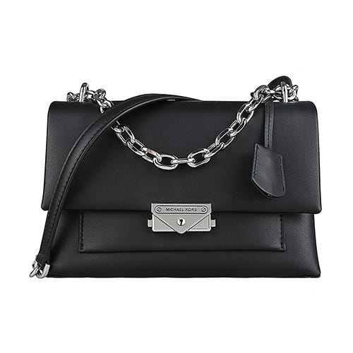 【MICHAEL KORS】 Cece 金屬LOGO植物皮革拼鍊帶釦式斜背包(中/黑)