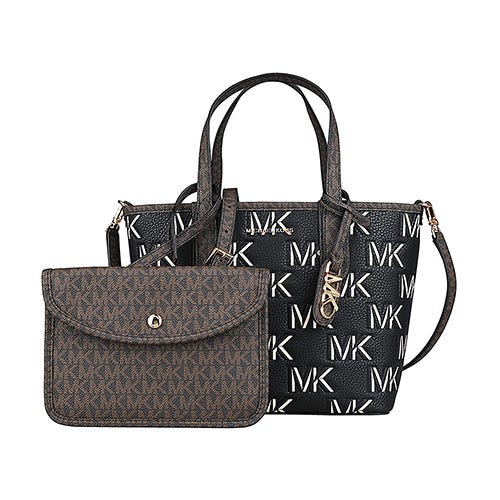 【MICHAEL KORS】 滿版印字LOGO聚酯纖維搭帆布斜背子母包(迷你/黑x深褐)