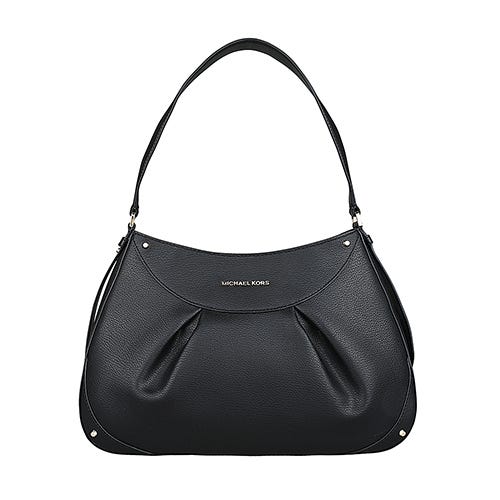 【MICHAEL KORS】 ENZO 金屬LOGO牛皮圓潤包身內搭帆布拉鍊肩背包(中/黑)