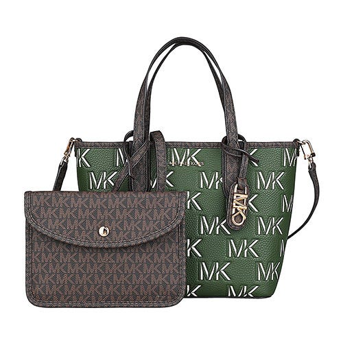 【MICHAEL KORS】 滿版印字LOGO聚酯纖維搭帆布斜背子母包(迷你/亞馬遜綠x摩卡棕)