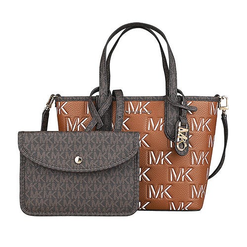 【MICHAEL KORS】 滿版印字LOGO聚酯纖維搭帆布斜背子母包(迷你/焦糖棕x摩卡棕)