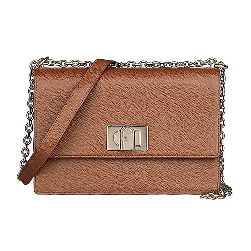 【FURLA】 1927 立體拱門LOGO牛皮搭鏈帶設計旋扣式斜背包(小/白蘭地褐)