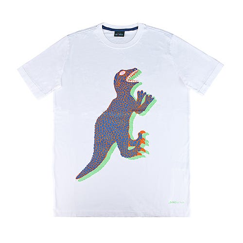【PAUL SMITH】 DINO 簽字LOGO多彩恐龍圖案棉質短袖T恤(男款/白x藍綠)
