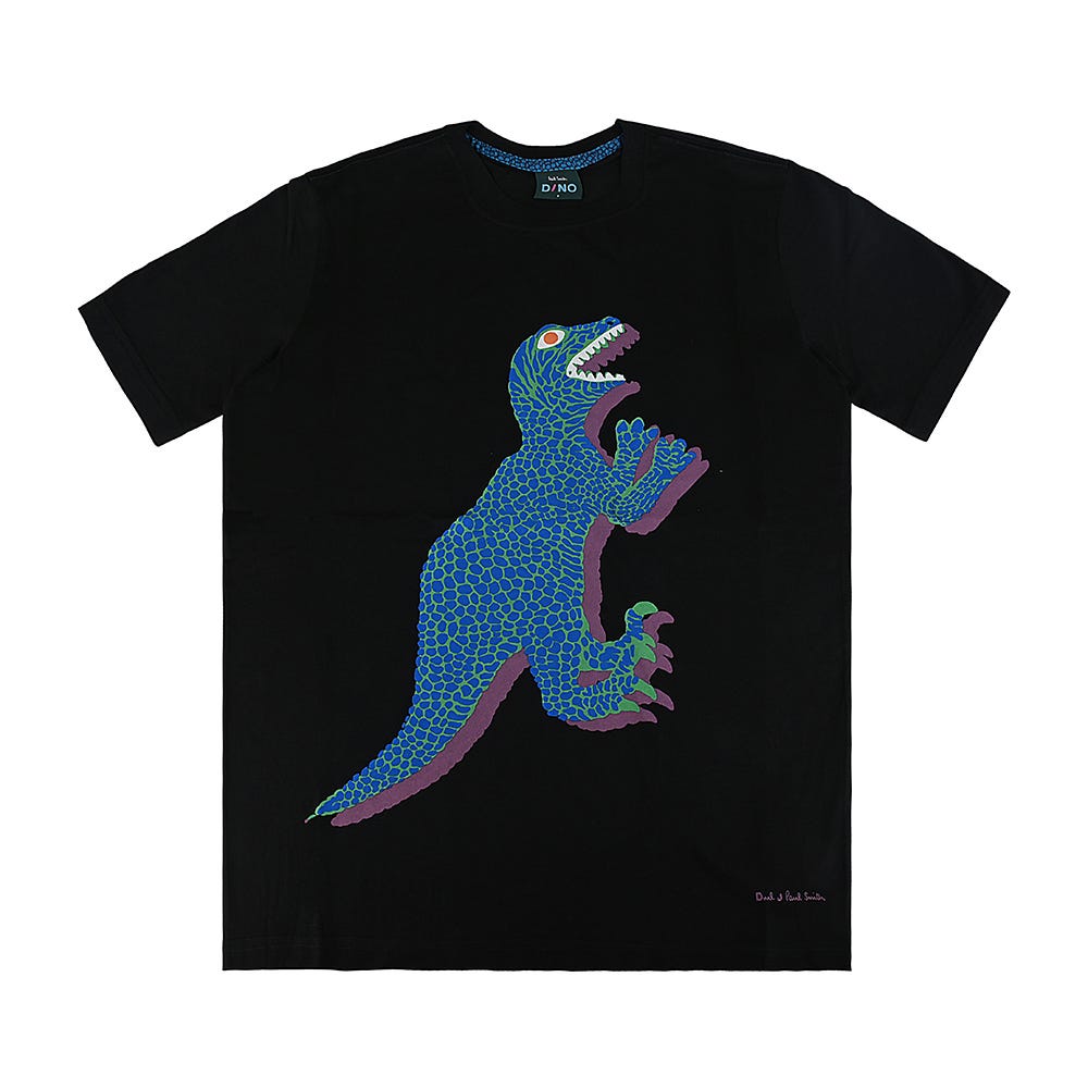 【PAUL SMITH】 DINO 簽字LOGO藍綠斑紋恐龍印花純棉短袖T恤(男款/黑x多色)
