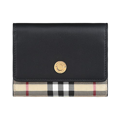 【BURBERRY】 LANCASTER 金釦LOGO小牛皮拼格紋PVC 6卡釦式短夾(黑x典藏米)