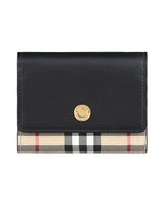 【BURBERRY】 LANCASTER 金釦LOGO小牛皮拼格紋PVC 6卡釦式短夾(黑x典藏米)