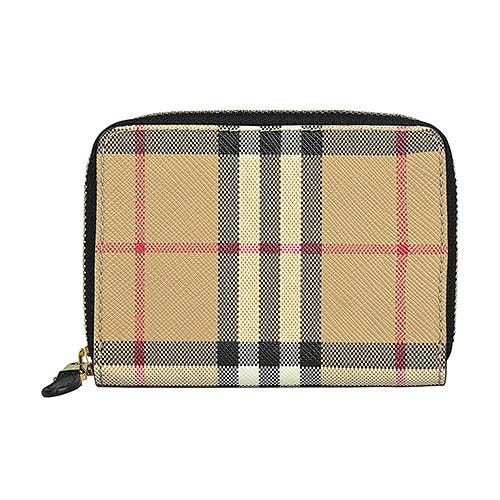 【BURBERRY】 內壓印LOGO格紋PVC內襯牛皮5卡拉鍊零錢包(典藏米)