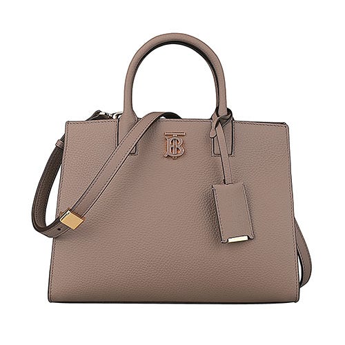 【BURBERRY】 FRANCESTB TB立體LOGO牛皮搭帆布襯裡釦式斜背包(迷你/淺馬鞍棕)