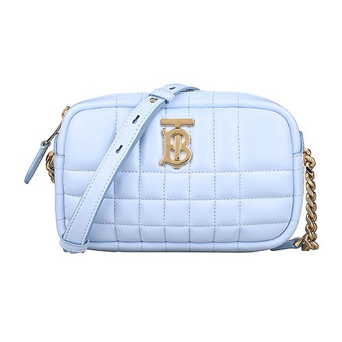 【BURBERRY】 LOLA TB金屬LOGO羊皮絎縫方格拉鍊斜背包(迷你/月白藍)