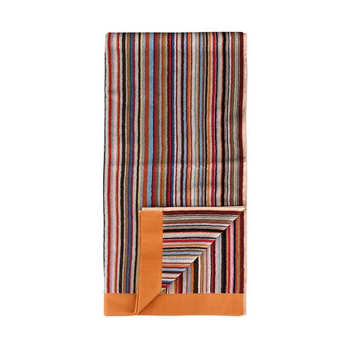 【PAUL SMITH】 簽字LOGO多彩條紋橘邊設計純棉沙灘毛巾(中/橘)