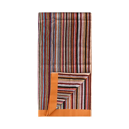 【PAUL SMITH】 簽字LOGO多彩條紋橘邊設計純棉沙灘毛巾(大/橘)